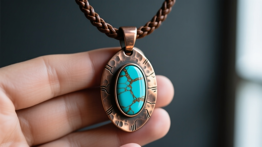 Close-up of a hand-hammered bronze Jan Michaels pendant with matrix turquoise on a braided leather cord against dark slate.