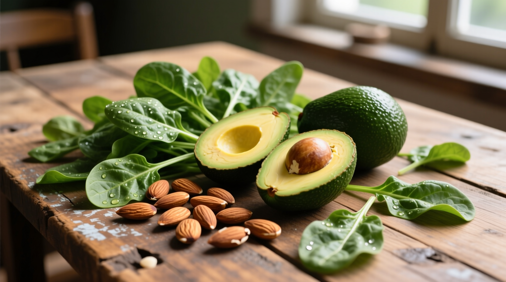 Fresh spinach, almonds and avocado on wooden table