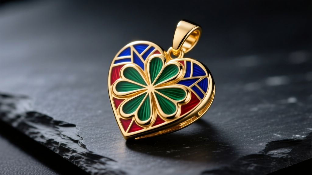 Close-up of a 14k solid gold heart clover necklace pendant on dark slate, highlighting intricate guilloche enamel details.