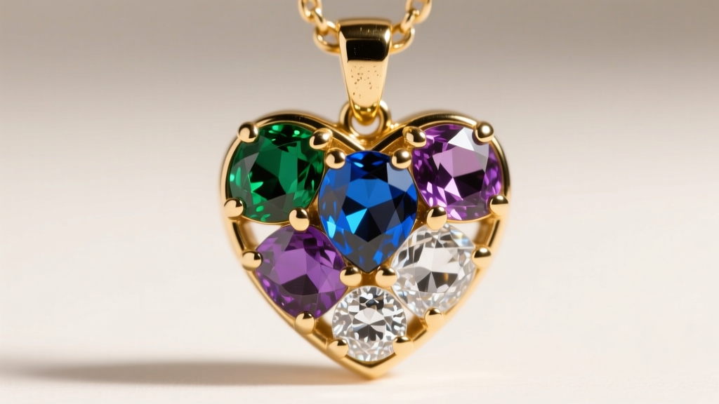 Macro view of a Juicy Couture heart pendant showing four-prong metal settings securing faceted rhinestones on gold plating.