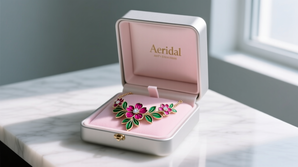 Open anti-tarnish box holding an enameled pink and green Aerith necklace, nestled safely inside a soft silicone-lined slot.