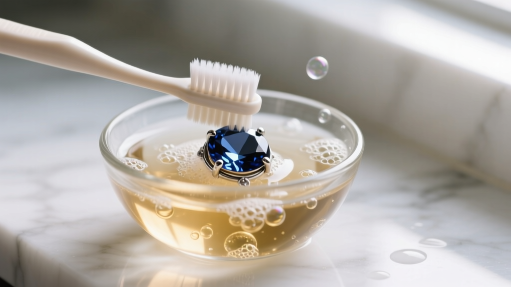 Soft toothbrush gently scrubbing a smoky topaz gem set in sterling silver, submerged in a small glass bowl of warm, soapy water.