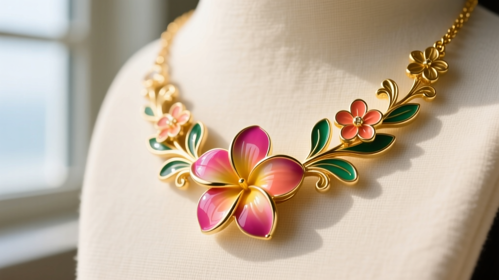 Close-up of a 14k yellow gold flowery hawaiian necklace featuring a hand-carved plumeria pendant with vibrant vitreous enamel