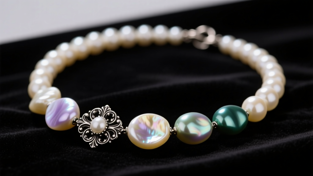 Close-up of baroque pearl necklace with dark oxidized silver clasp on black velvet, soft studio lighting highlighting the nacre.