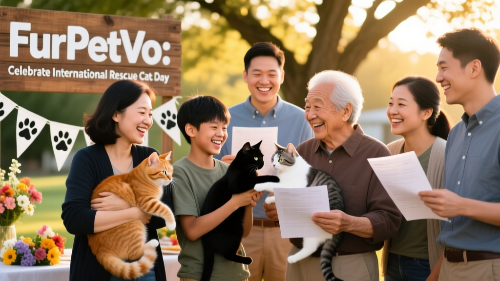 A diverse group of smiling people holding adoption paperwork and gently petting cats at a FurPetVo-hosted community adoption event