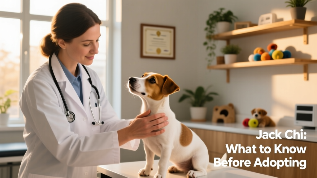 Veterinarian gently examining a Jack Chi during a routine wellness visit, highlighting preventive healthcare