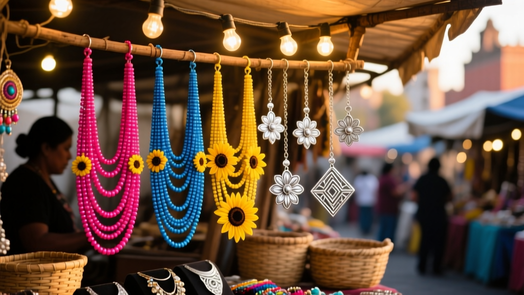 Vibrant Mexico City market stall displaying rows of colorful beaded collares and silver colgantes under warm evening string lights