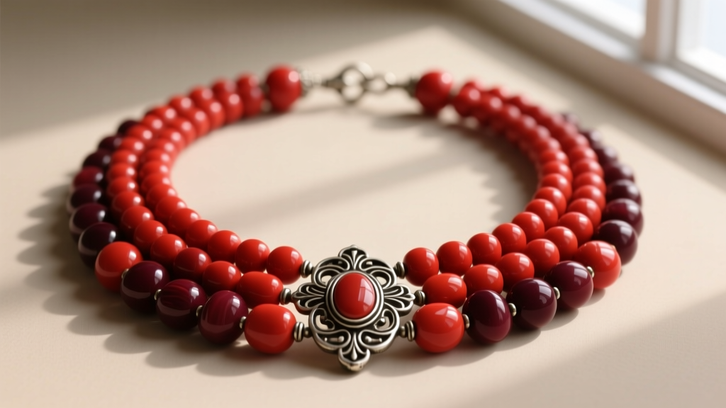 Close-up of a multi-strand antique Ukrainian coral necklace featuring graduated deep red Corallium rubrum beads and a silver clasp.