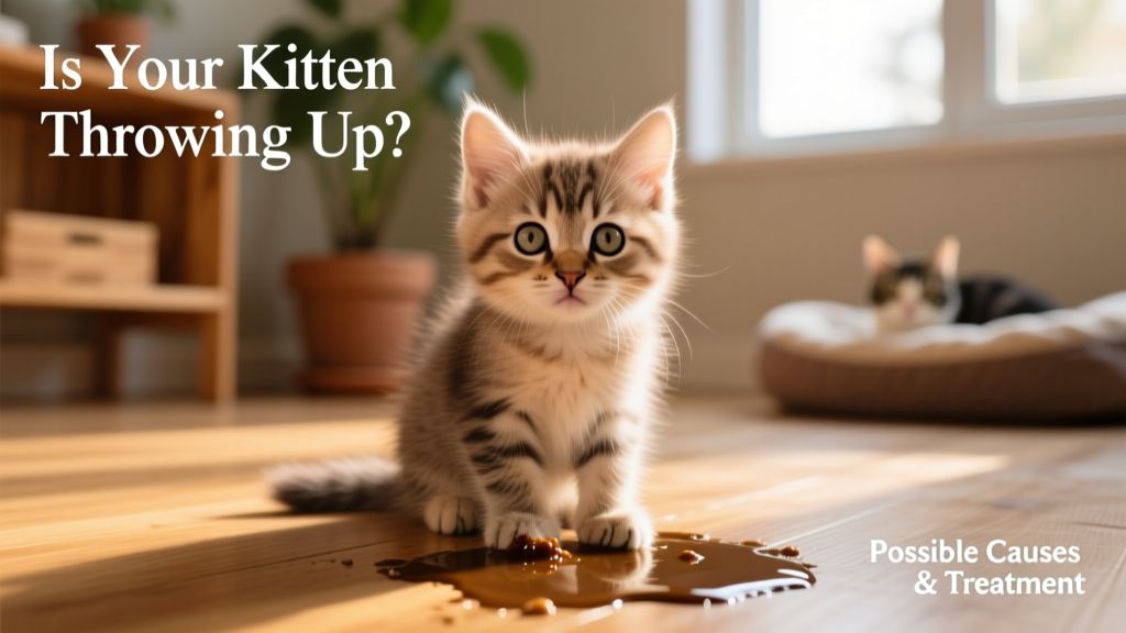 Close-up of a young kitten looking slightly uncomfortable, sitting near a small puddle of vomit