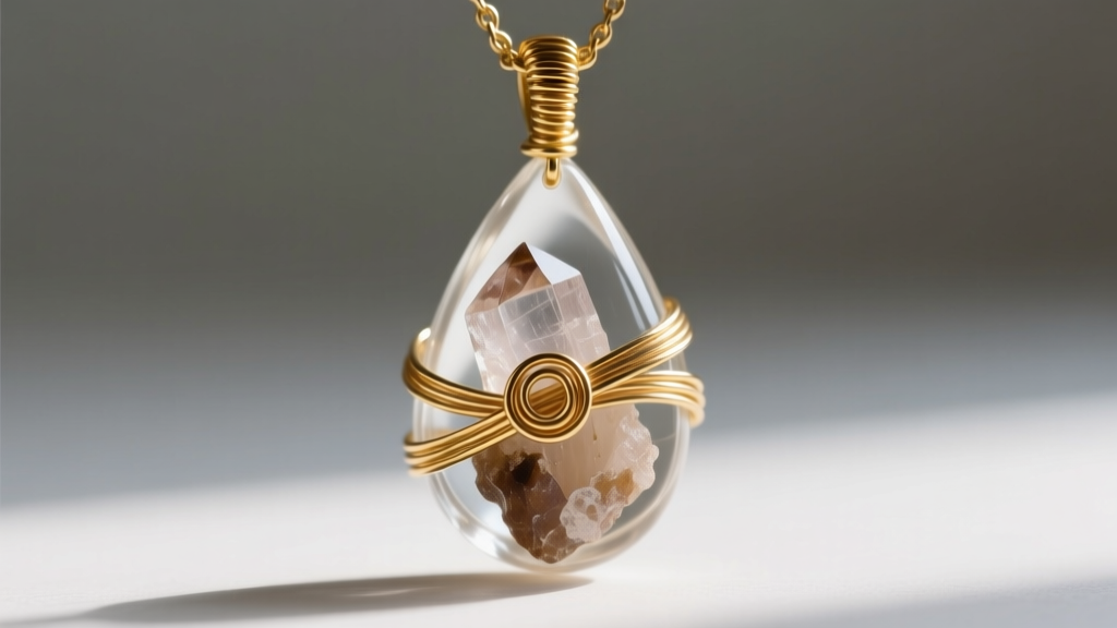 Macro shot of 20-gauge gold-filled wire wrapping securing raw quartz inside a clear kiln-formed glass teardrop pendant
