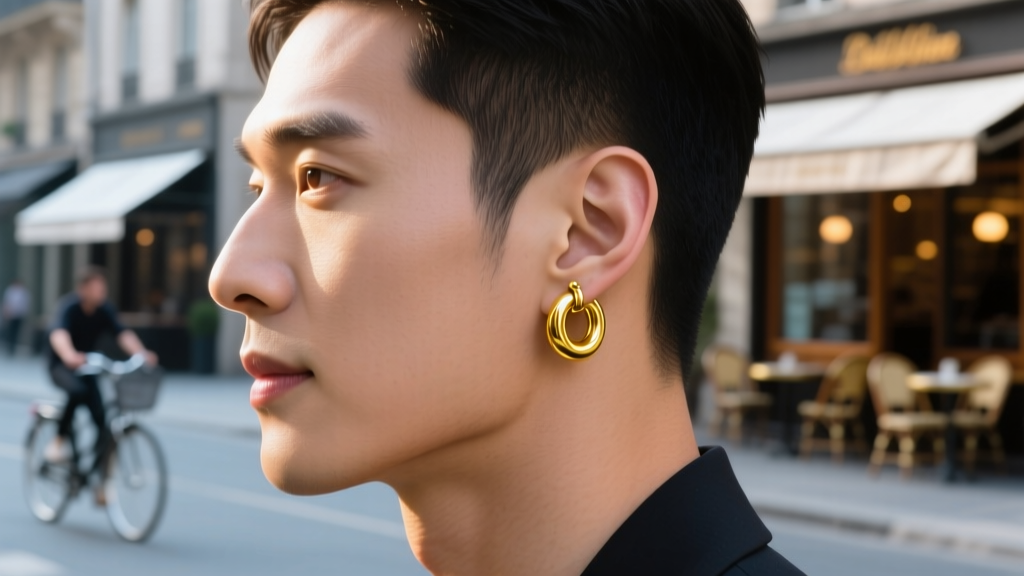 Side profile of a man wearing a seamless 14k yellow gold huggie hoop in his cartilage piercing, blurred urban street background.