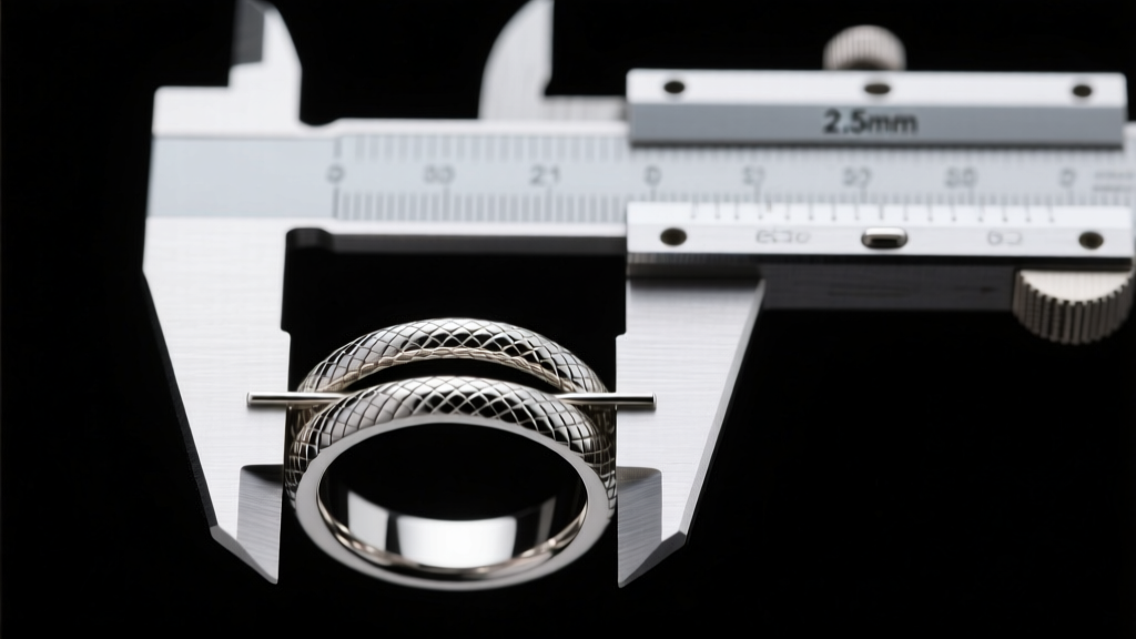 Digital calipers measuring a 2.5mm gap between parallel bands of a stainless steel serpent ring on a dark jeweler's workbench.
