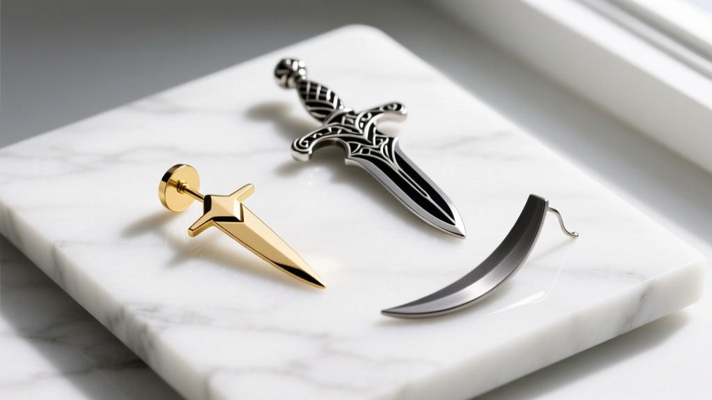 Flat lay of three sword earring styles, including a minimalist gold stud and an ornate dagger drop, arranged on a white marble slab.