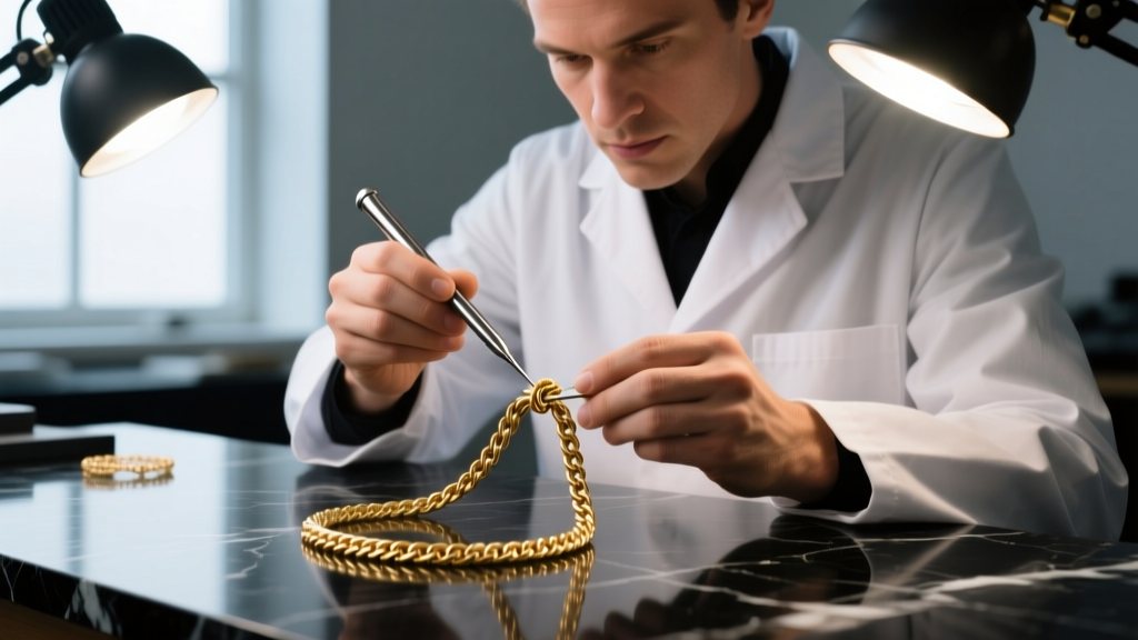 Jeweler using a fine titanium pin to untangle a micro-knot in a delicate 18k gold cable chain under bright, focused bench lights.