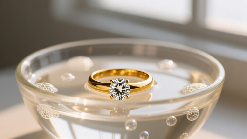 Macro shot of a 14k yellow gold solitaire ring in a glass bowl of warm soapy water, illuminated by soft natural window light.