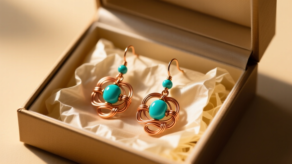 Elegant gift box revealing handmade copper wire earrings with turquoise beads resting on crushed silk paper in warm ambient light