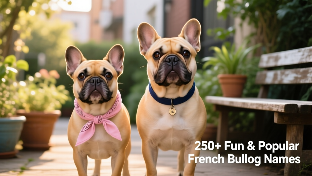 Two French Bulldogs side-by-side — one female with a soft pink bandana, one male with a navy collar — both gazing warmly at the camera