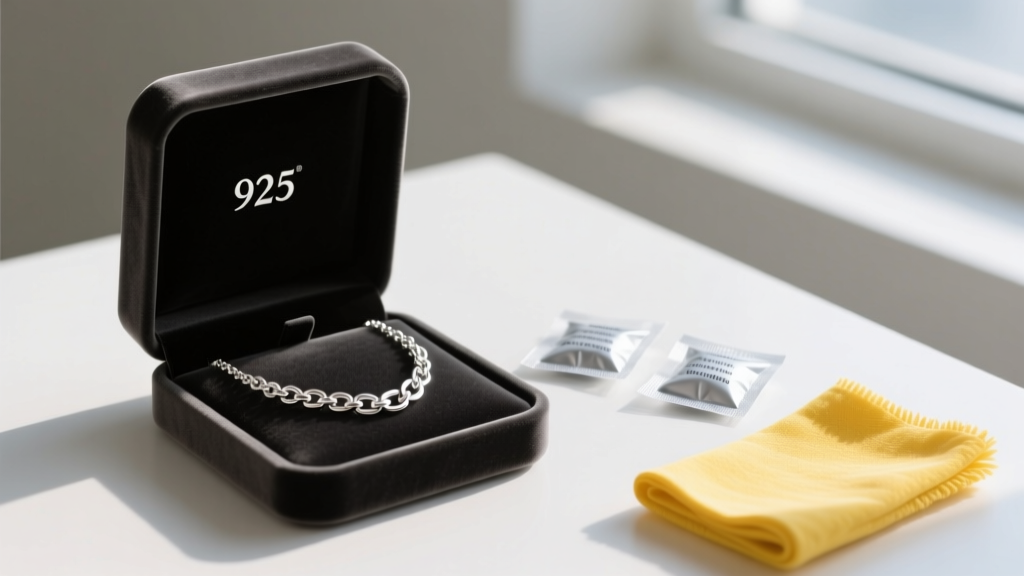Open velvet jewelry box holding a bright 925 silver necklace, next to anti-tarnish silica gel packets and a yellow polishing cloth.