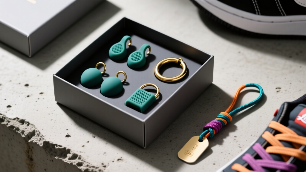Flat lay gift box with silicone sports earring retainers, a micro-huggie hoop, and sneaker accessories on a raw concrete surface.