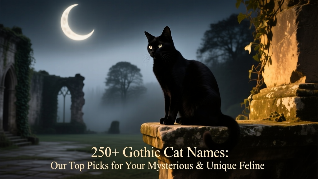 A shadowy silhouette of a cat sitting on a stone ledge beneath a crescent moon