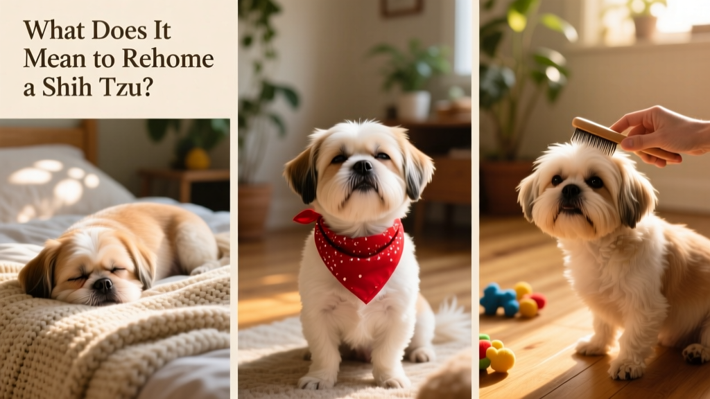 A collage of photos: a Shih Tzu resting on a cozy bed, another wearing a festive bandana, and a third being brushed gently