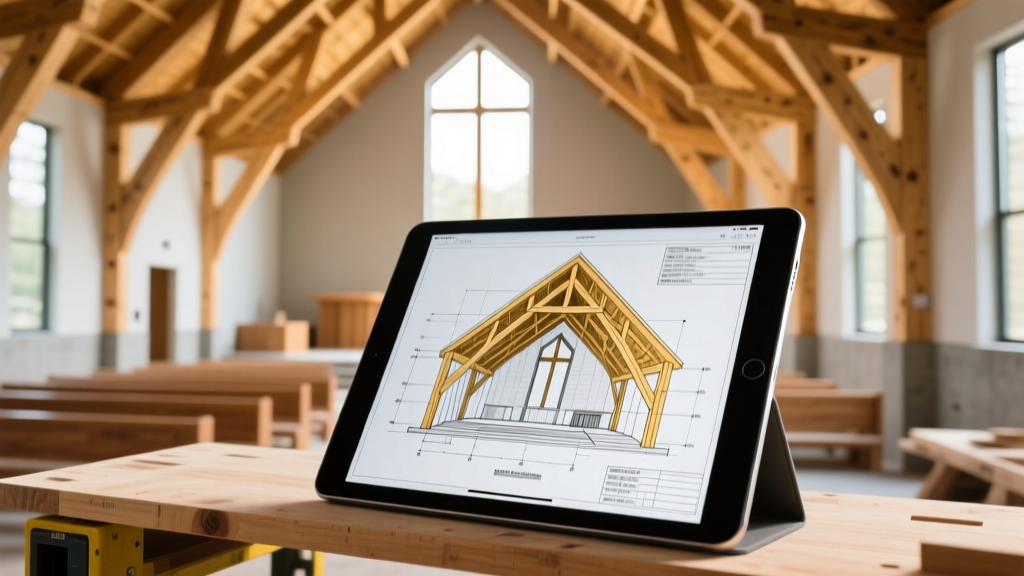 Architectural blueprint of a modern church sanctuary with exposed glulam timber trusses overlaid on a tablet at a site