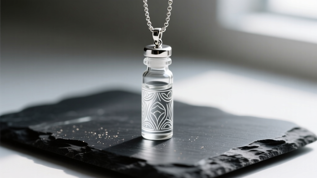 Macro photography of a miniature glass apothecary vial pendant with a sterling silver cap, resting on black slate stone.
