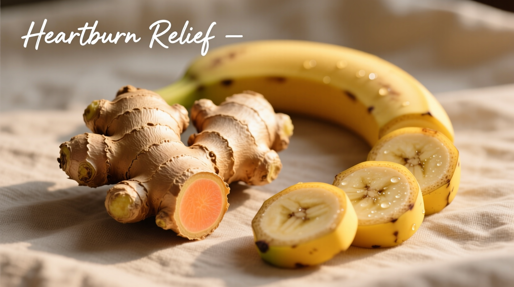 Fresh ginger root and sliced bananas for heartburn relief