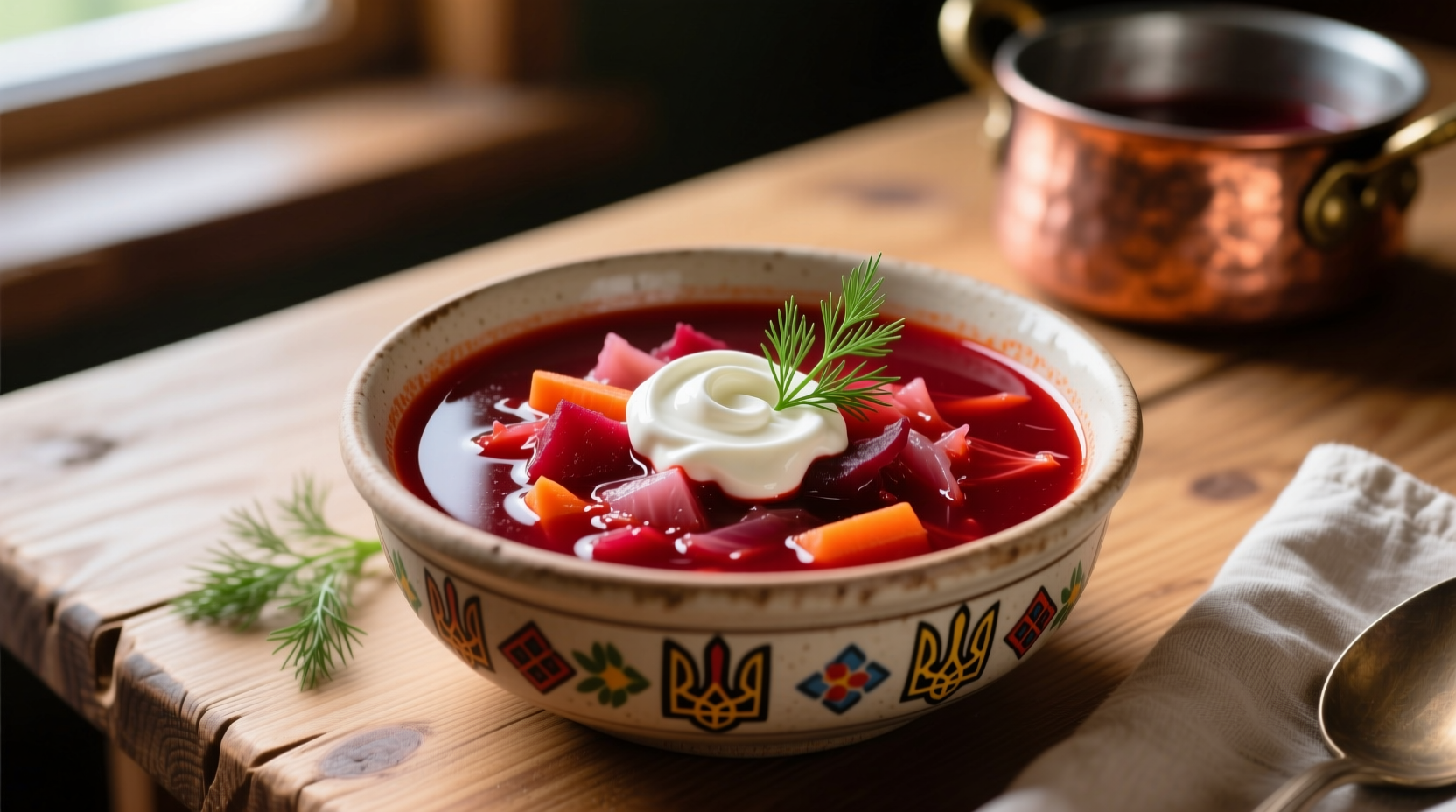 Traditional bowl of vibrant red borscht with sour cream