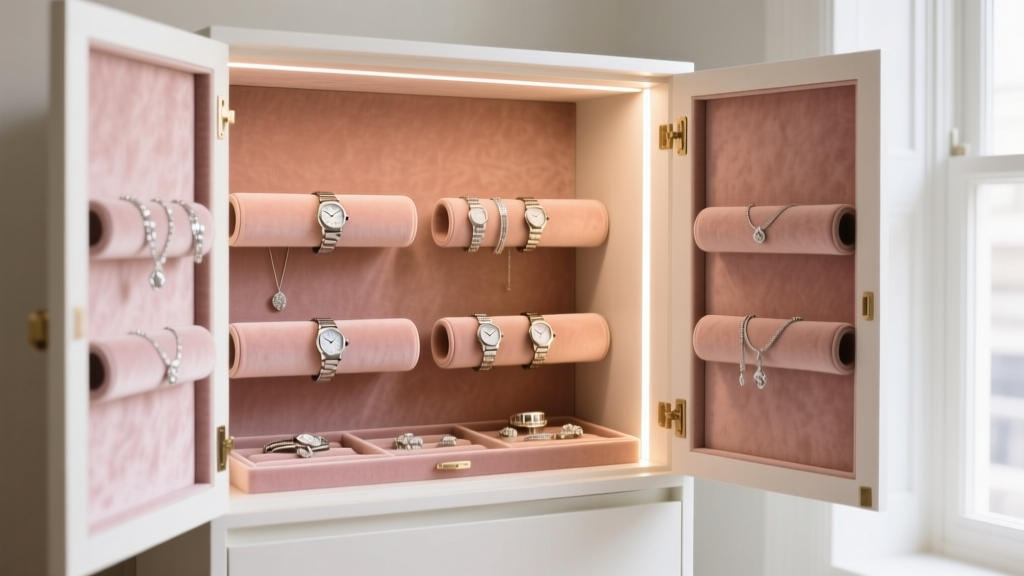 Open white jewelry armoire interior with blush microsuede lining, watch rolls, and integrated warm 3000K LED strip lighting