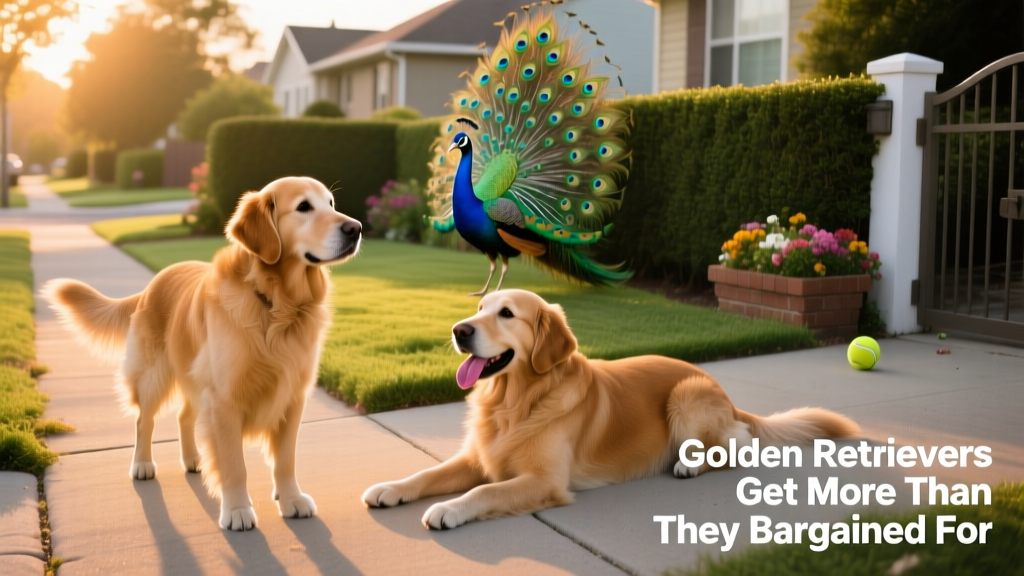 Two Golden Retrievers on a suburban sidewalk, one alert and focused ahead, the other relaxed, with a colorful peacock visible in the distance