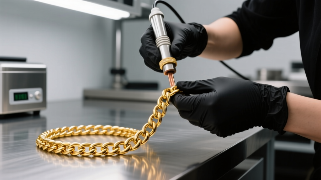 Jeweler using an ultrasonic cleaner to remove copper tarnish from a 14kt gold Italian Figaro chain under bright workshop lights