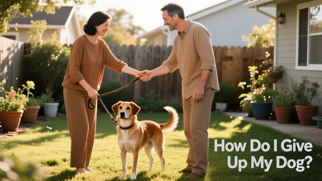 Two people gently handing over a leash to a new owner while the dog looks relaxed and curious