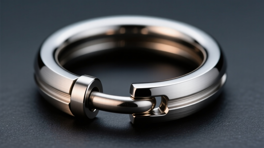 Macro shot of a 16-gauge titanium hinged hoop showing the machined barrel hinge and click clasp mechanism against dark slate