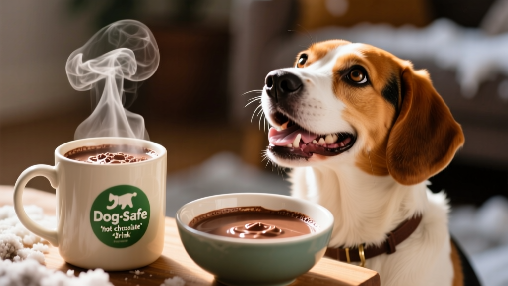 A steaming mug of dog-safe hot chocolate beside a bowl with a happy dog looking up expectantly
