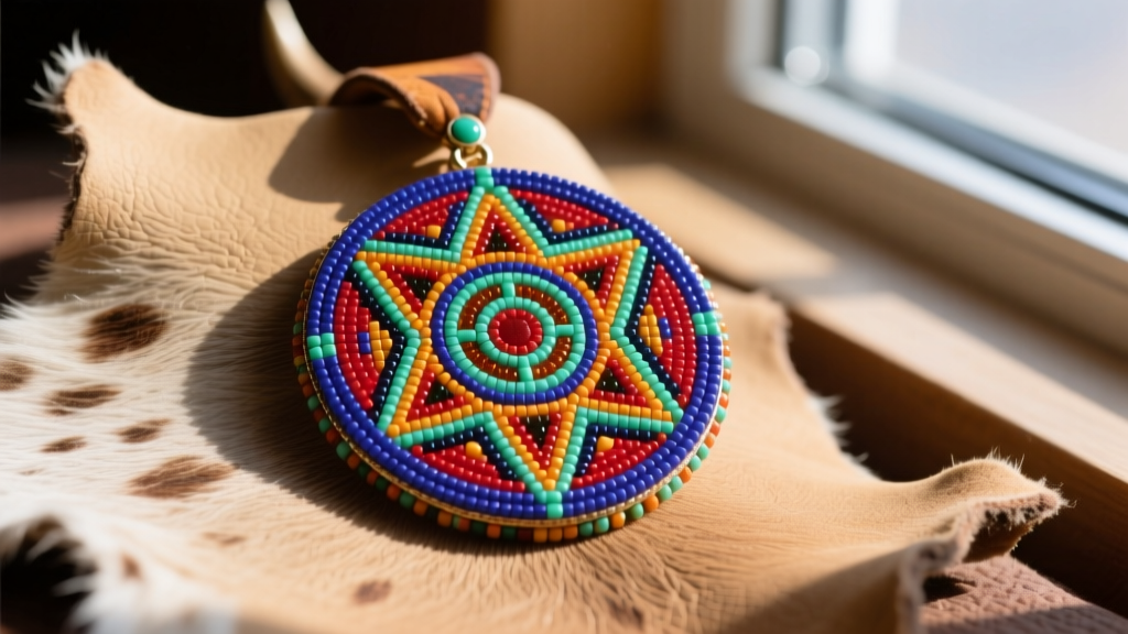 Close-up of a Lakota beaded medallion with geometric glass seed bead patterns resting on soft brain-tanned deer hide leather.