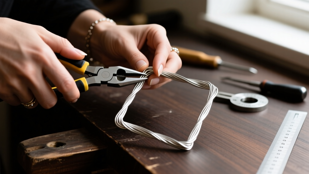 Close-up of hands using nylon-jaw pliers to bend 20-gauge sterling silver wire into a geometric frame on a dark wooden workbench.