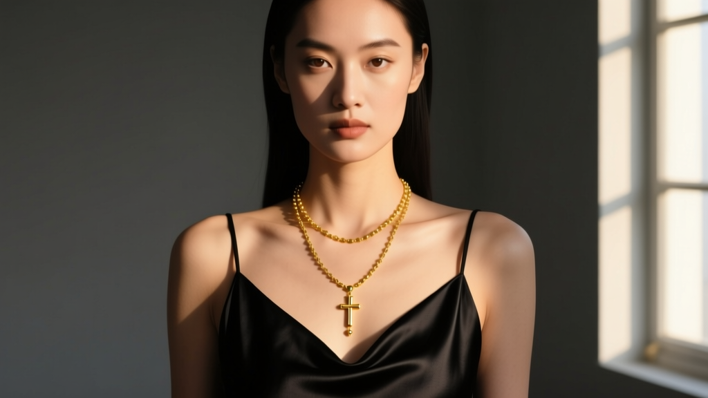 Editorial shot of a model wearing a 14k gold catholic necklace rosary layered over a dark silk slip dress in moody, warm lighting