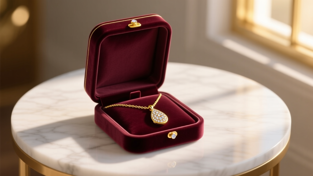 Open velvet jewelry box on a marble table revealing a delicate 18k yellow gold pendant necklace catching warm afternoon light
