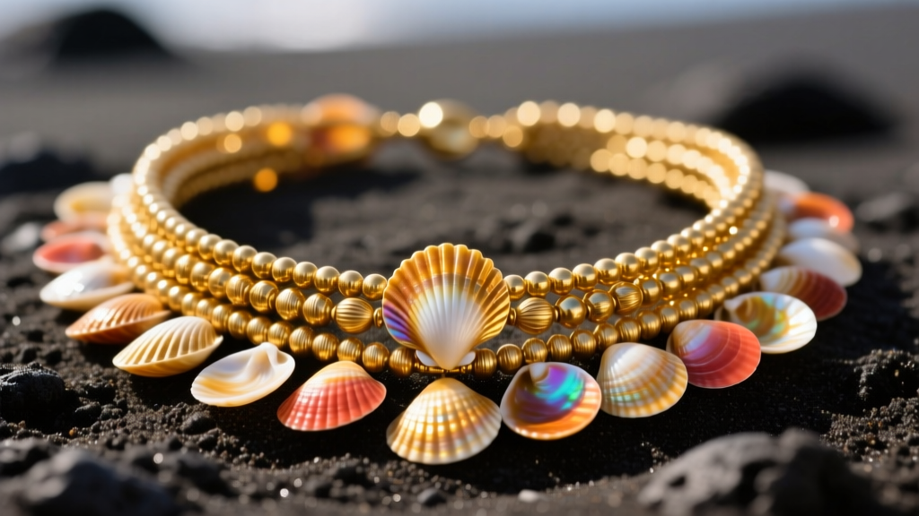 Macro shot of a multi-strand Hawaiian shell leis necklace with rare golden kahelelani shells resting on dark volcanic sand