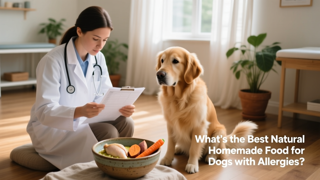 Veterinarian reviewing a dog's health chart alongside a bowl of simple homemade dog food