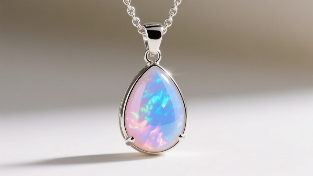 Close-up of a bezel-set synthetic opalite teardrop pendant on a silver chain, showing bright blue and pink iridescent flashes.