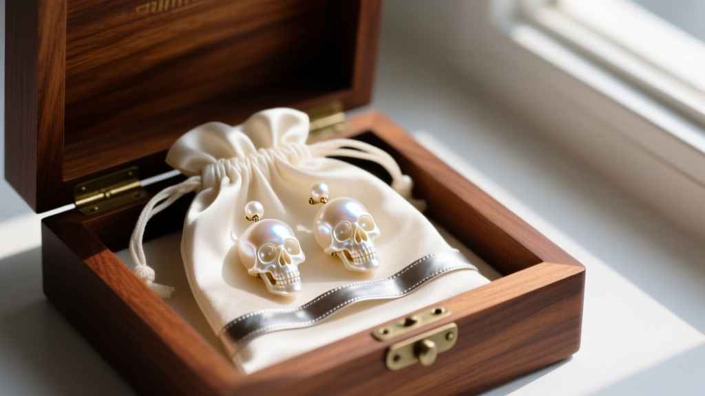 Pearl skull earrings stored in a breathable silk pouch with an anti-tarnish strip, resting inside an open mahogany jewelry box