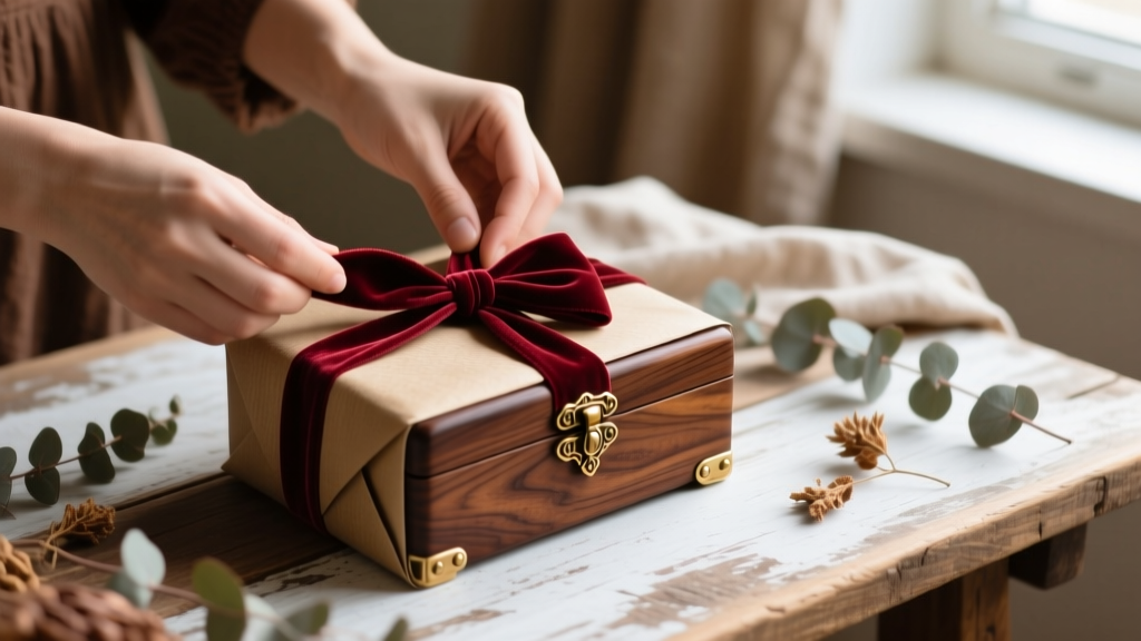 Hands wrapping a walnut vintage jewelry display case in kraft paper and velvet ribbon on a rustic table for holiday gifting.