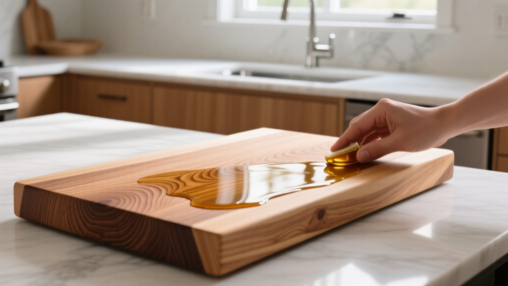 Close-up of a thick end-grain hard maple cutting board being treated with mineral oil, highlighting tight wood grain in a bright kitchen.