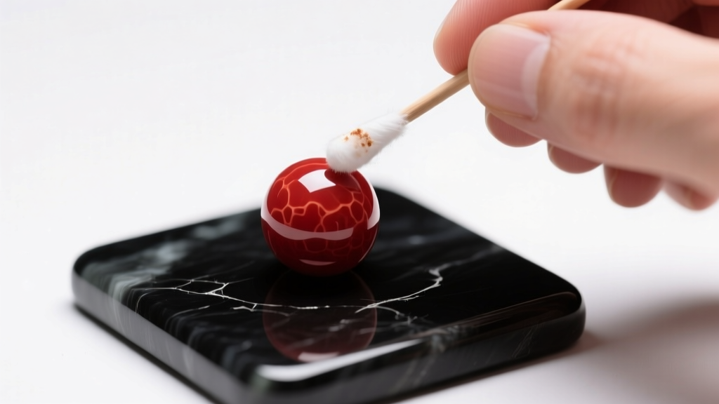 Jeweler testing a matte red coral bead with an acetone swab to check for artificial dye transfer under bright bench lighting