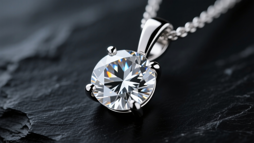 Macro shot of a round diamond in a four-prong platinum pendant, lit by soft studio lights against a dark slate background.