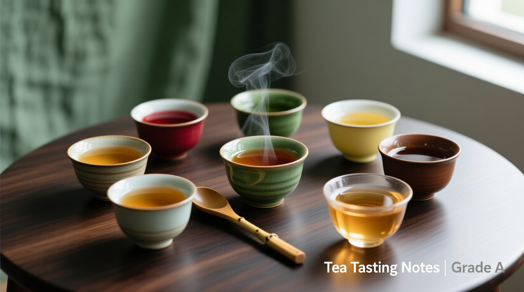 Professional tea tasting setup with multiple cups showing color variations
