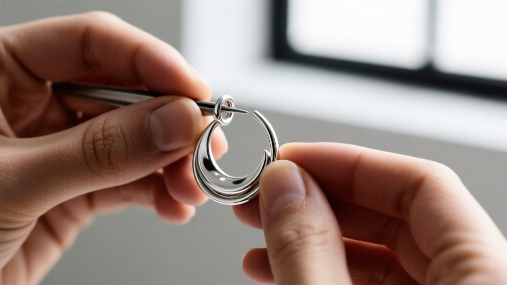 Hands adjusting the tension of a sterling silver scapha wrap earring, showing proper bending technique to prevent metal fatigue.