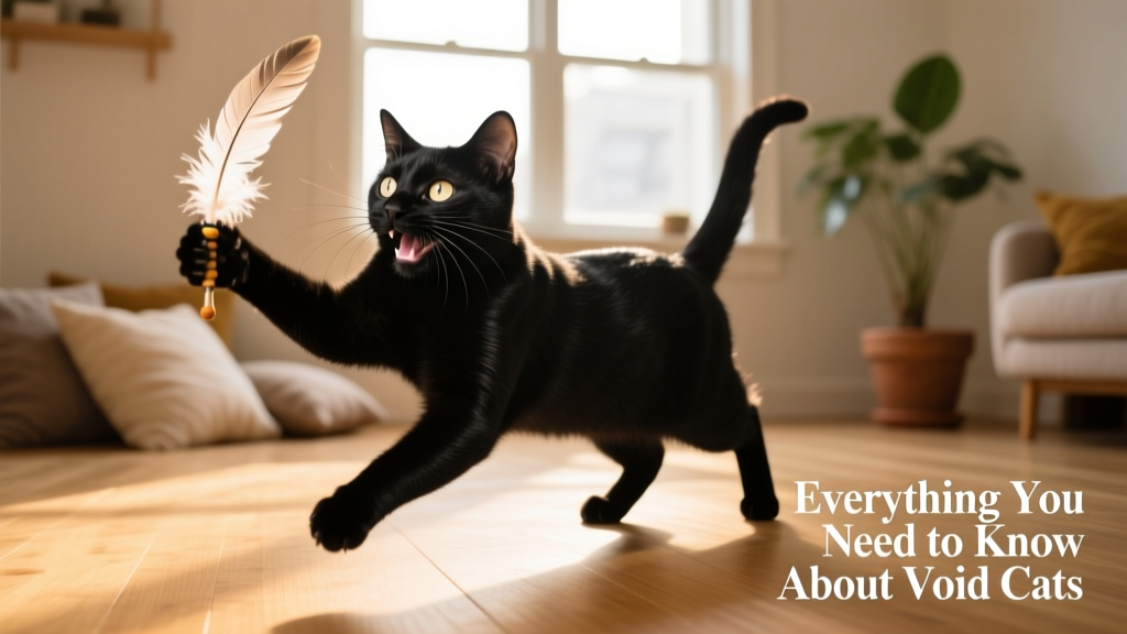 Happy black cat playing with a feather toy, bathed in warm natural light that highlights its glossy fur and playful expression